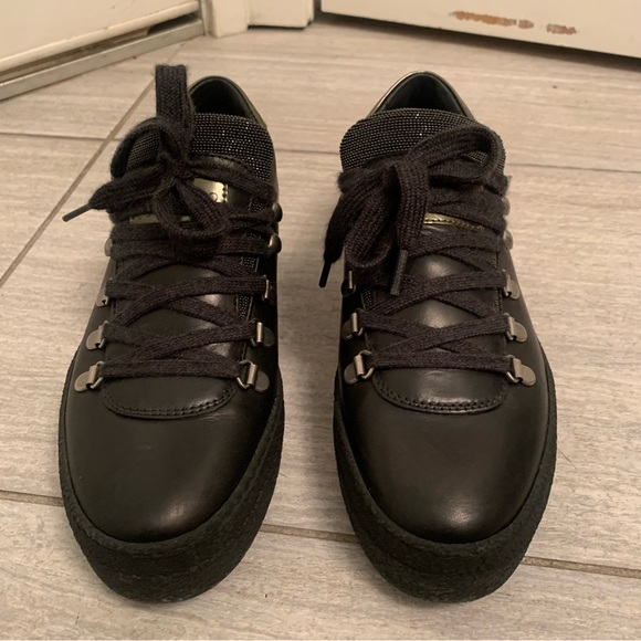 Brunello Cucinelli black leather platform sneakers with Monili detail size 7.5 - Picture 1 of 8